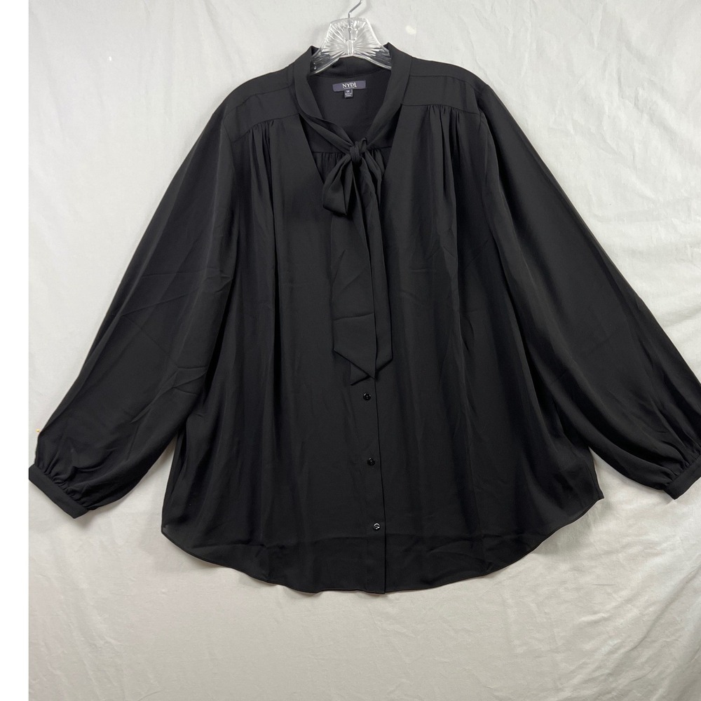 NYDJ Blouse Womens 1X Black Tie Neck Long Sleeve Button Front Solid Career